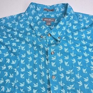 EDDIE BAUER Men's TXL Teal Short Sleeve Shirt Marlins Fish -2233